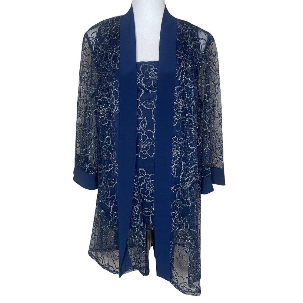 R&M Richards Navy Blue Glitter Lace 2PC Jacket Dress Set 14W Mother of the Bride - Picture 2 of 14
